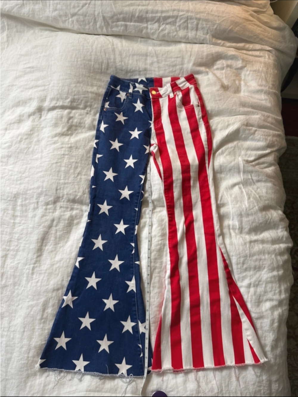 Flag-Inspired Flare Wide Leg Jeans in Red & Blue